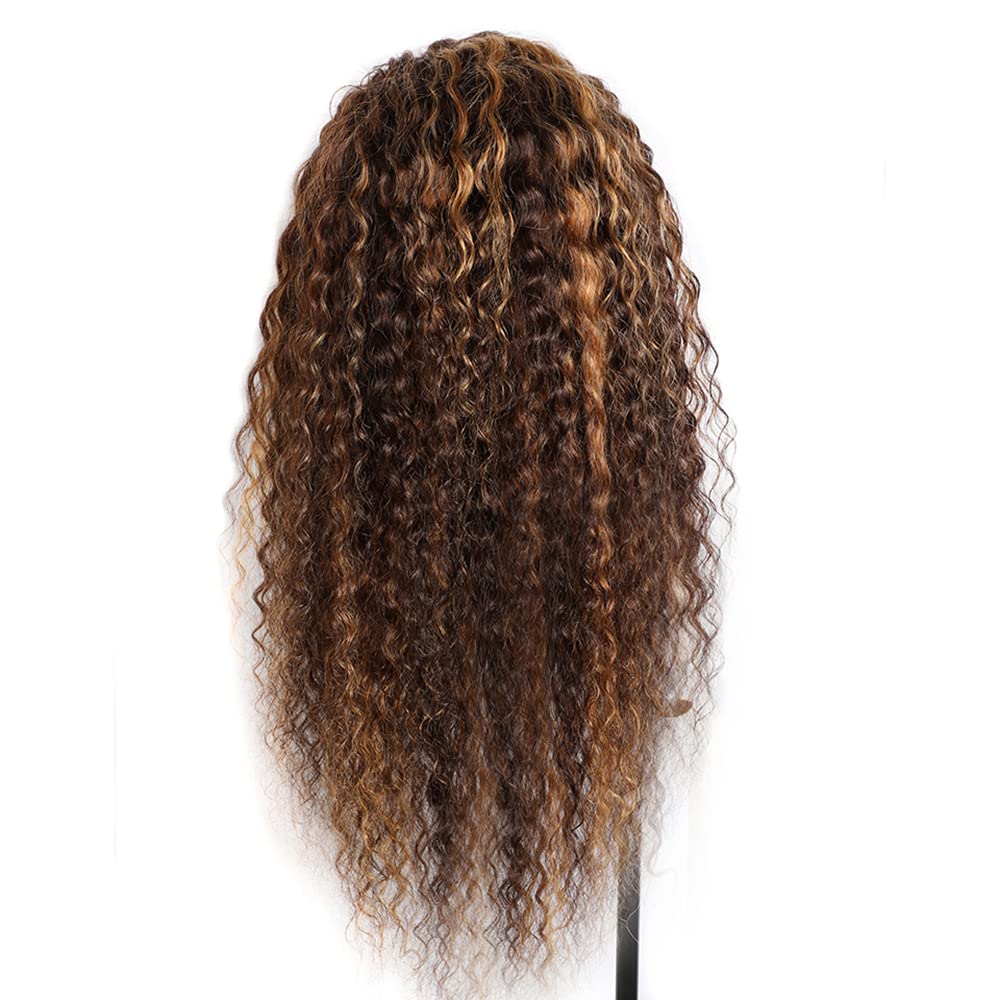 YiweYowe Highlight Dark Brown Headband Wig Human Hair P4/27 Honey Blonde Wig Human Hair Grade 8A None Lace Wig Glueles Brazilian Virgin Hair Water Wave Wig Machine Made Headband Wig 24 Inch
