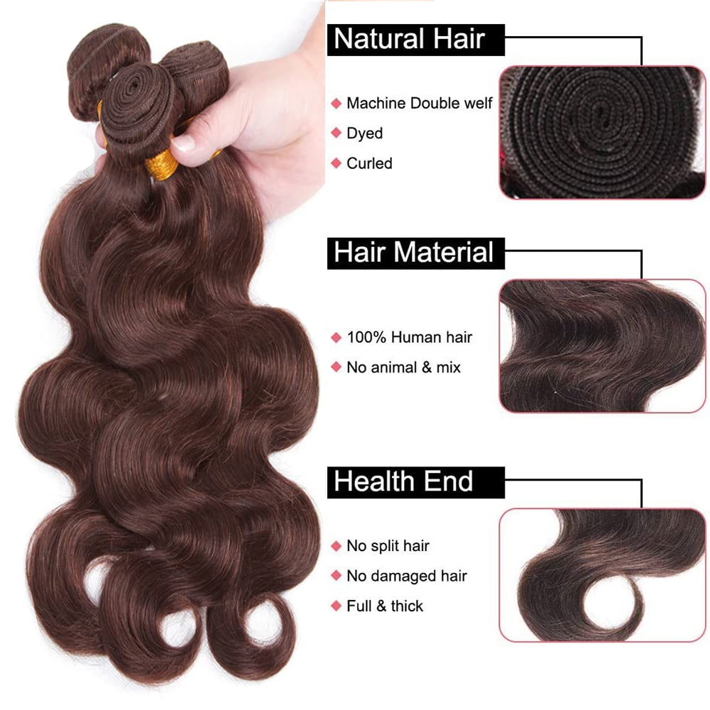 Dark Brown Body Wave Bundles #4 Human Hair Light Brown Body Wave Bundles Double Weft Brazilian Remy Hair Extensions Wet and Wavy Bundles Silky Soft for Black Women(24 24 24 Inch 3 Bundles)