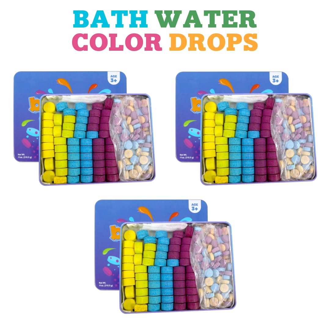 Kid Made Modern Bath Color Tablets for Kids - 450 Non Toxic Bath Drops for Toddlers Blue, Yellow, Pink, and Purple Bathtub Color Fizzies Tablets - Fun & Mini Bath Bombs (150 Count / 3 Pack - Ages 3+)