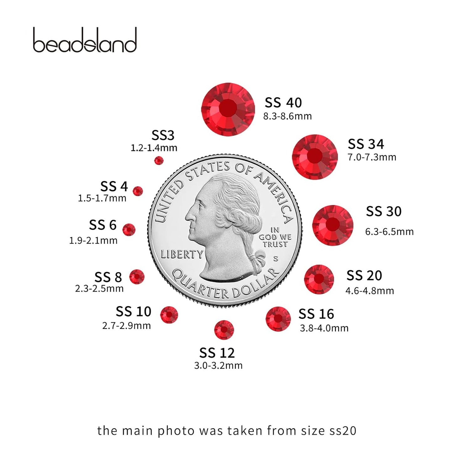 beadsland Flat Back Crystal Rhinestones Round Gems, Light Siam (4.6-4.8mm) SS20/1440pcs