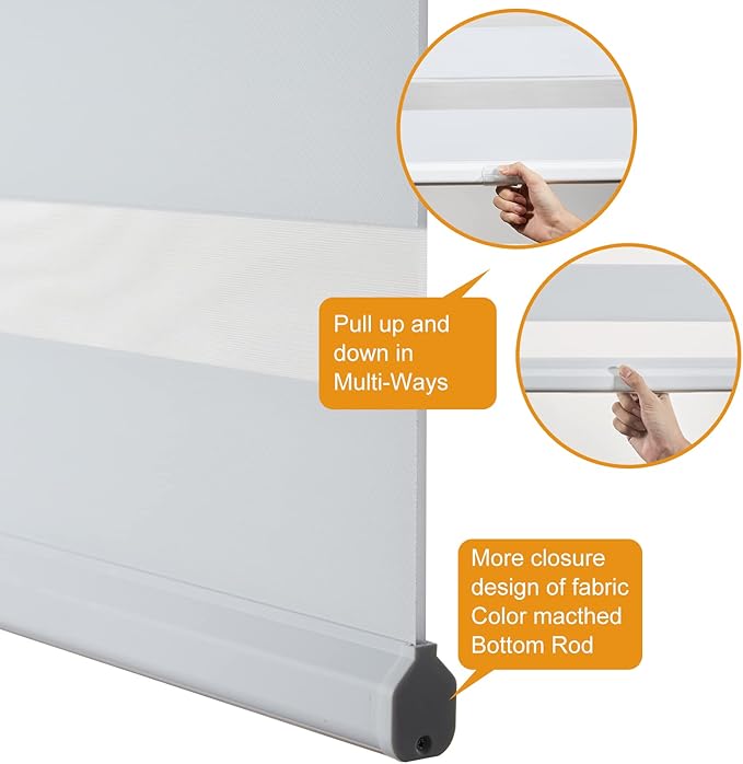 Persilux Cordless Zebra Blinds for Windows Free-Stop Roller Window Shades (39" W X 72" H, White) Dual Layer Light Control for Day and Night, Light Filtering Sheer Shades for Home, Easy to Install