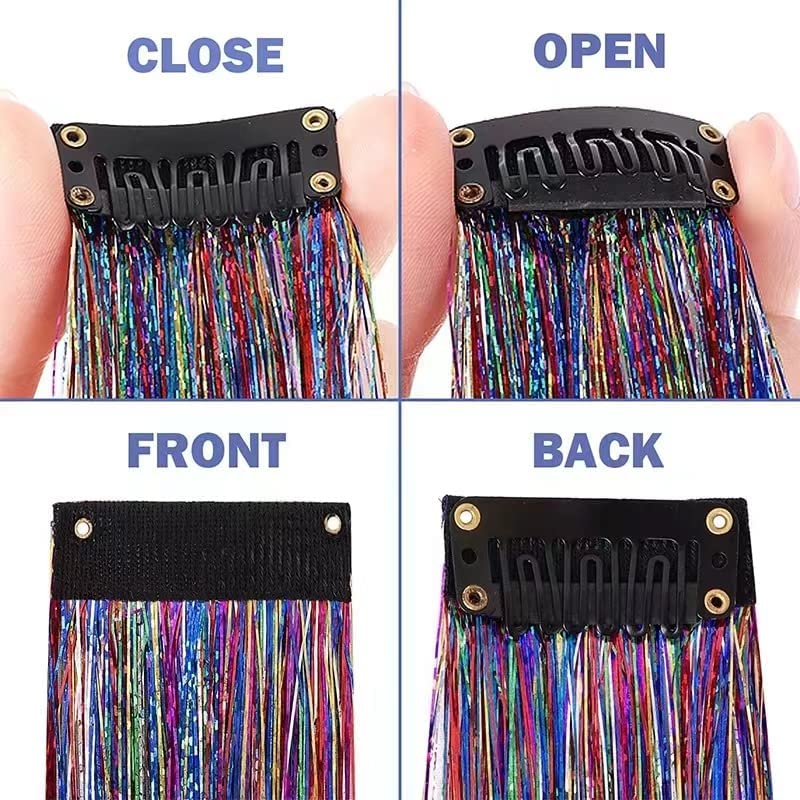 SOYZMYX 12PCS Tinsel Hair Extensions Glitter Hair Extension Clip in Gold Sparkling Fairy Hair Tinsel Kit Shiny Highlights Colorful Heat Resistant Hair Accessories for Girls New Year Party(Silver)