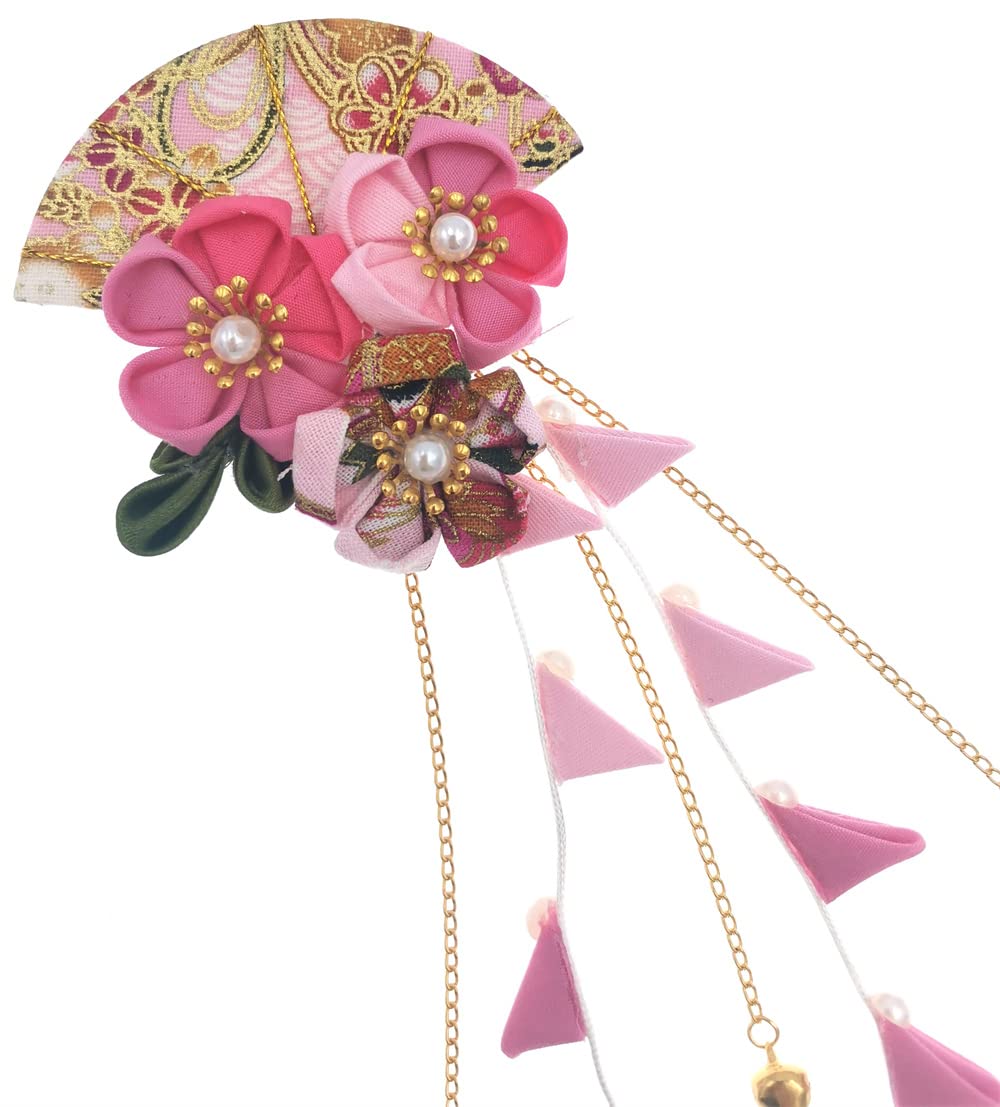 MIAO WU Womens Girls Japanese Kimono Flower Hair Clip, Kanzashi Decor Hair Pin Hair Ornament Tie Band Clip Hanfu Accessories (Pink)