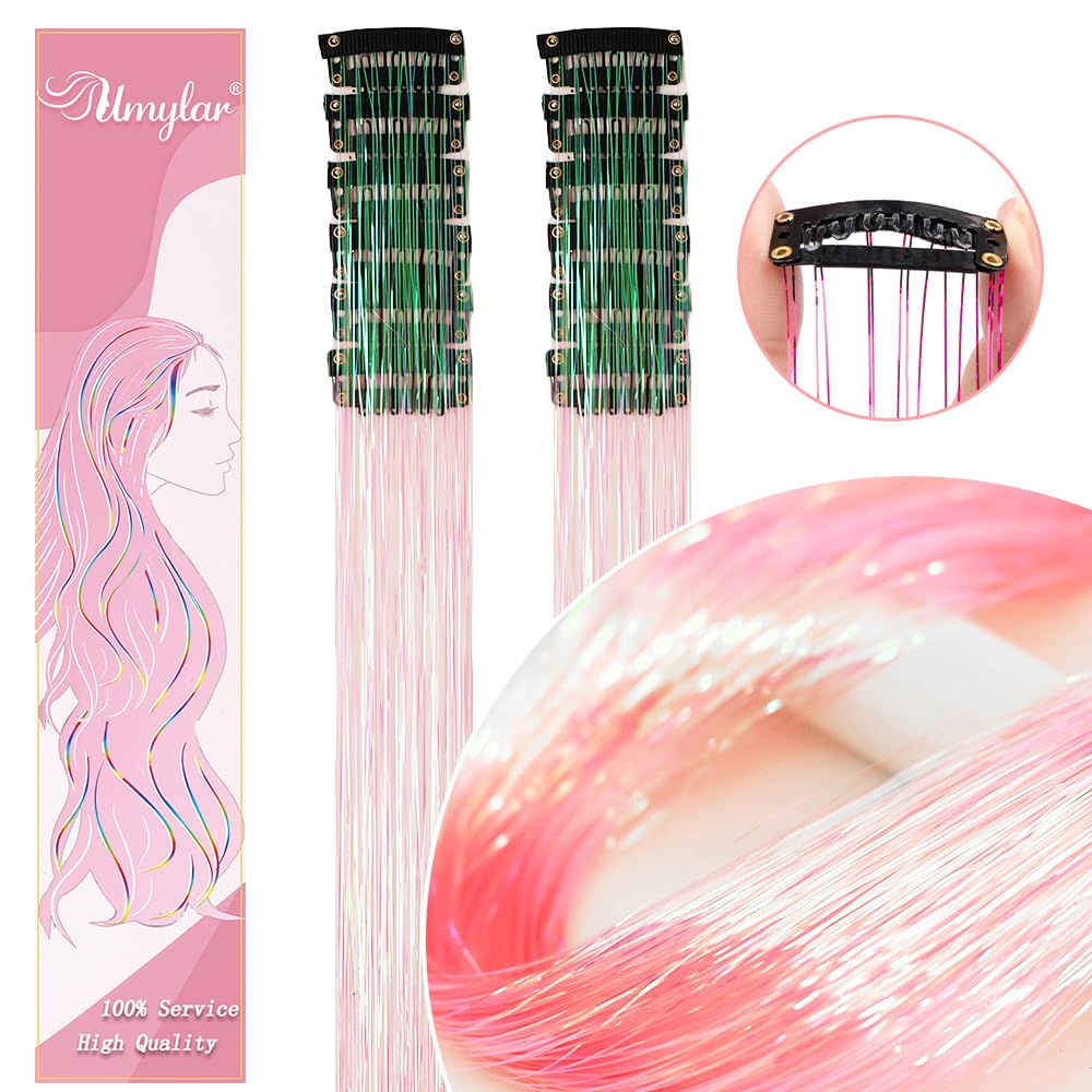 Hair Tinsel Pack of 12 Pcs Clip in Hair Tinsel 20 Inch Colorful Glitter Tinsel Hair Extensions Tinsel Fairy Hair Party Dazzle Hair Accessories Strands Kit for Women Girls Kids(12Pcs,Light Pink#)