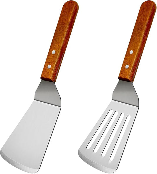 2Pcs Metal Spatulas Set, Metal Spatula for Cast Iron Skillet, Cooking Utensils Fish Egg Grill Spatula Stainless Steel Slotted Spatula, Wok Flat Top Small Metal Spatula Turner with Wood Handle