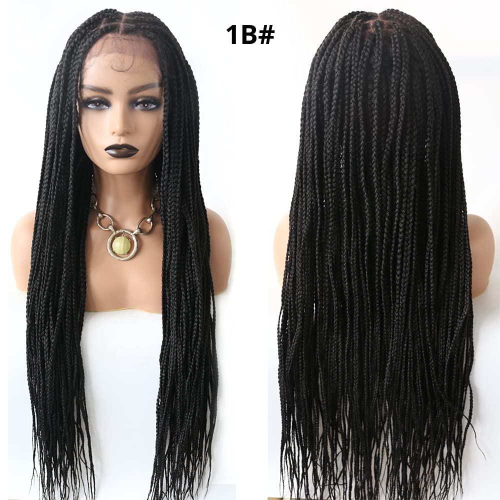Lace Braids Wigs For Black Women Swiss Lace Front Cornrow Box Braided Wig With Baby Hair Natural Looking Synthetic Fiber Lightweight Cornrow Micro Twist Braids Wigs (#1B Black)