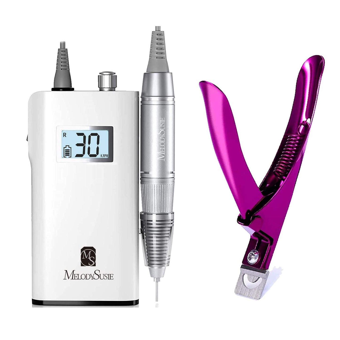 MelodySusie Professional Rechargeable 30000 rpm Nail Drill with Acrylic Nail Clipper Cutter, Portable E-File with Long Life Battery, Electric Tool for Acrylic Nail Natural Extension Poly Nail Gel, Hig