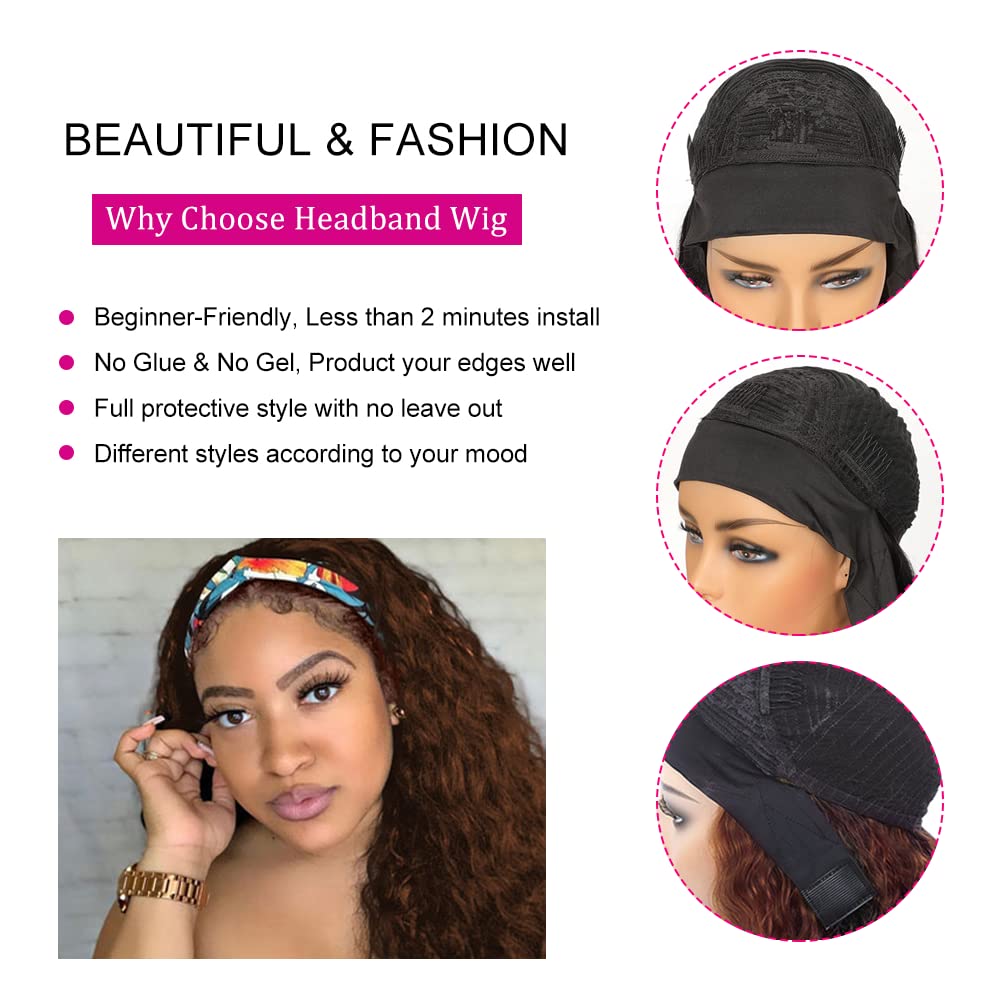 YiweYowe 32 Inch #4 Brown Deep Curly Wave Headband Wig Human Hair #4 Color Glueless None Lace Front Wig 150% Density Brazilian Virgin Hair Deep Curly Wigs for Black Women