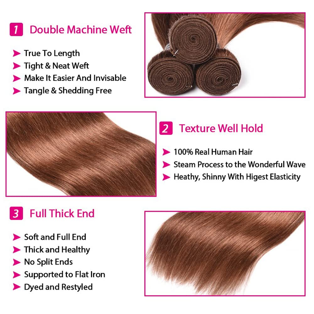 Light Brown Straight Bundles Color #30 Human Hair Straight Weave Bundles 8a Grade Double Weft Brazilian Remy Hair Extensions Soft and Silky for Black Women (20 20 20 Inch 3 Bundles)