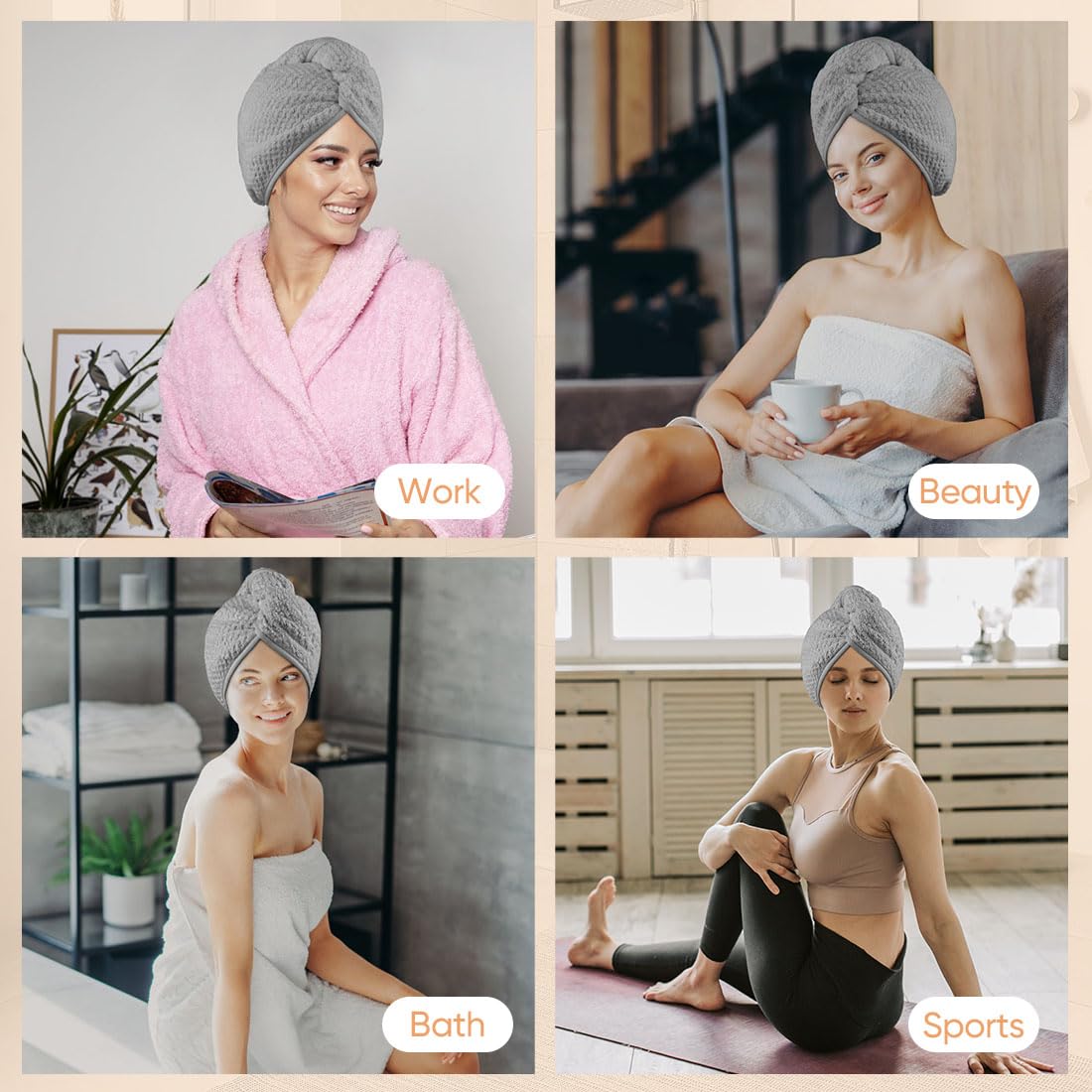 HOMEXCEL Microfiber Hair Towel Wrap, 2 Pack Hair Turbans for Wet Hair, Super Absorbent Dry Hair Towel Wrap for Curly Hair, Anti Frizz Microfiber Towel for Women, 26 x 10 inch, Grey