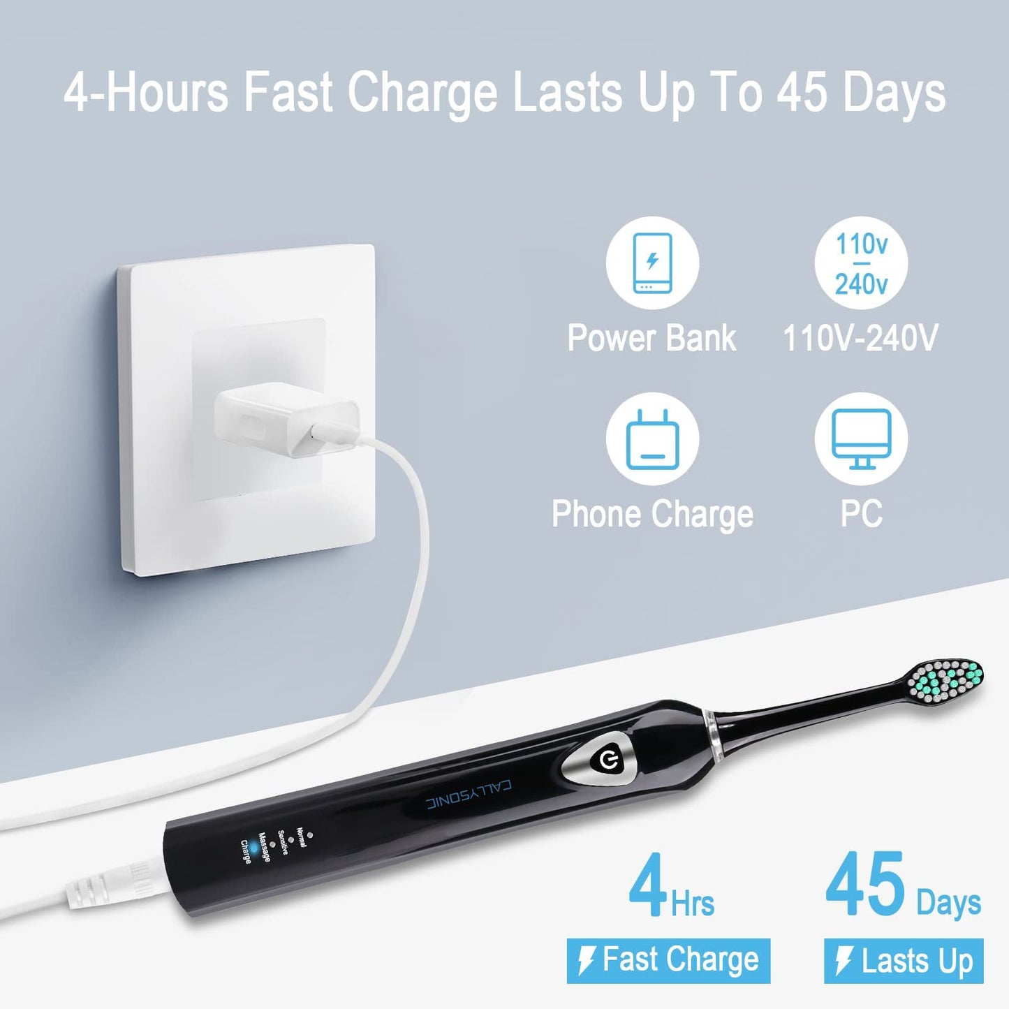 Electric Toothbrush, Whitening Sonic Toothbrush Dual Handles with 8 Bursh Heads, for Adults and Kids, 48,000 VPM - 3 Modes - Smart Timers - 4 Hours Charging for 45 Days Use (Mix-2 Handle)