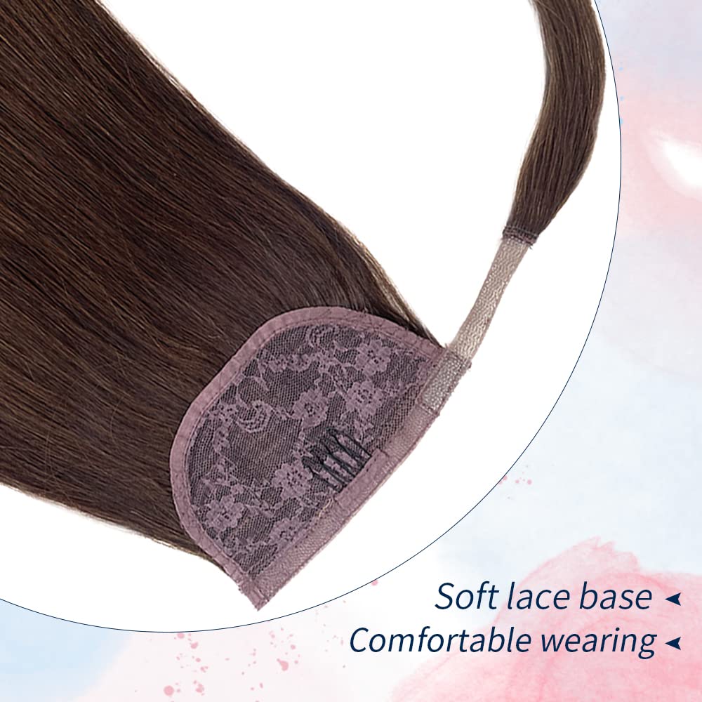 Human Hair Ponytail Extensions Dark Brown Real Human Hair Extensions Wrap Around Pony Tail Remy Human Hair Straight Clip in Pony Tail Hair Extensions 20 inch 80g