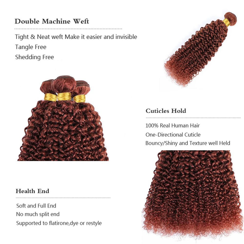 Color #33 Curly Bundles Human Hair Reddish Brown Kinky Curly Bundles Auburn Human Hair Double Weft Brazilian Remy Hair Weave Extensions Wet and Wavy Silky Soft for Black Women(20 22 24 Inch 3 Bundles)