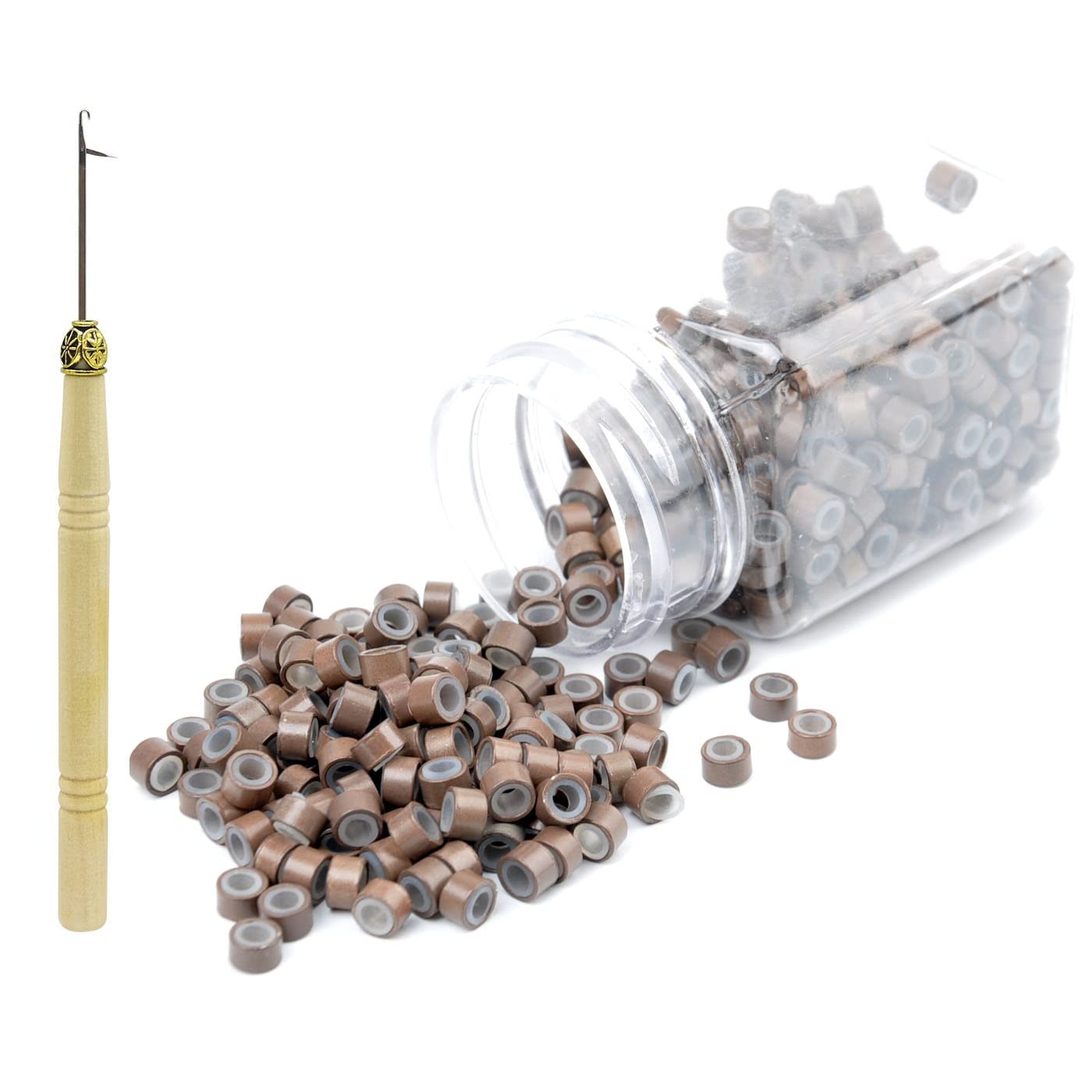 Hair Extentions Micro Rings Link Beads with Free Pulling Hook, 1000pcs Per Bottle 5mm Silicone Lined Beads for Human Hair Extensions Tools Kits Multi Colored (5000pcs with Pulling Hook, Light Brown)