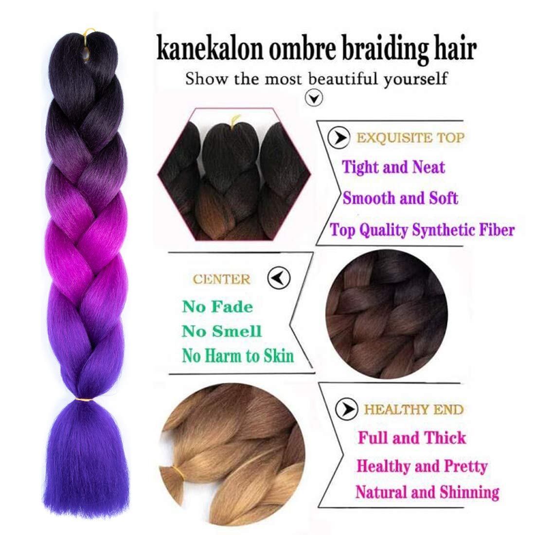 Xiaofeng Braiding Hair Extensions for Women 3 Packs 100g/Pack 24Inch High Temperature Ombre Jumbo Synthetic Braiding Hair for Twist Crochet Braids (24 Inch (Pack of 3), black-purple red-blue-3Pcs)