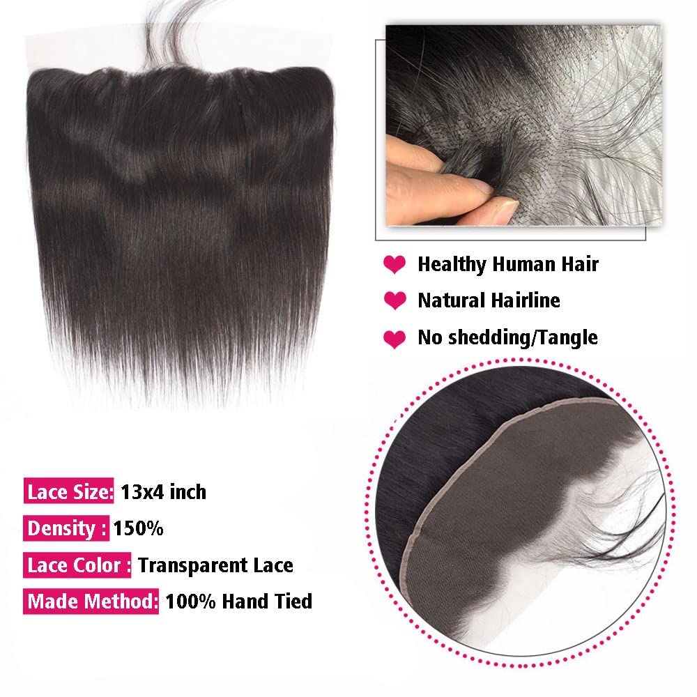13x4 Ear to Ear Transparent HD Lace Frontal Closure Straight Human Hair Frontal With Baby Hair 100% Brazilian Human Hair Lace Frontal Closures 150% Density Natural Color 16 Inch