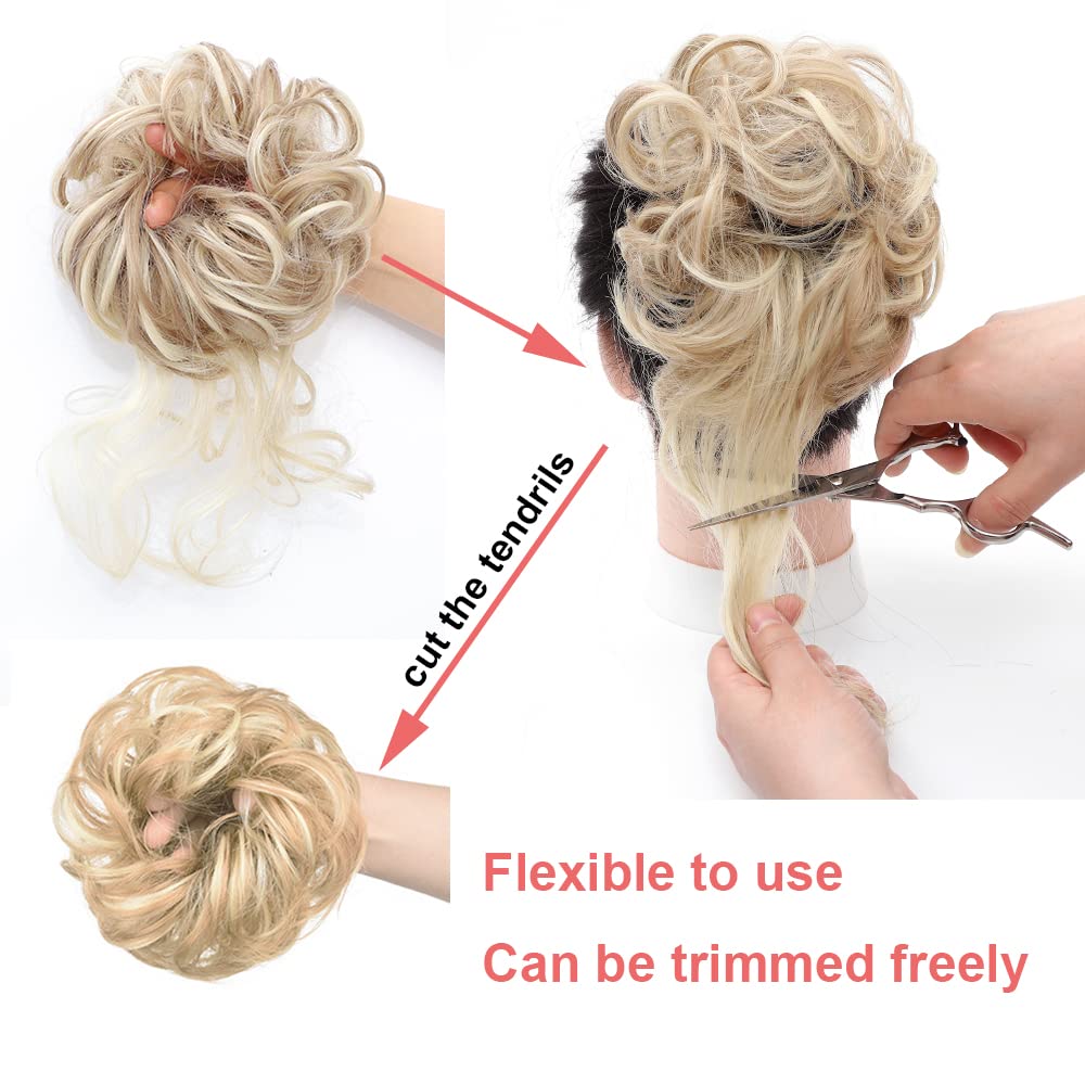 KETHBE Messy Bun Hair Piece Tousled Updo Hair Buns Extension Elastic Hair Band Hair Pieces Curly Hair Bun Scrunchie For Women (Highlights Blonde)