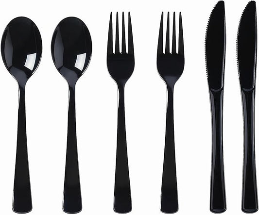 300 Pieces Of Black Plastic Silverware,Heavy Duty, 100 Forks, 100 Spoons, 100 Knives, Heat-Resistant and BPA-free Disposable Silverware,Party Supplies, High-end Utensils