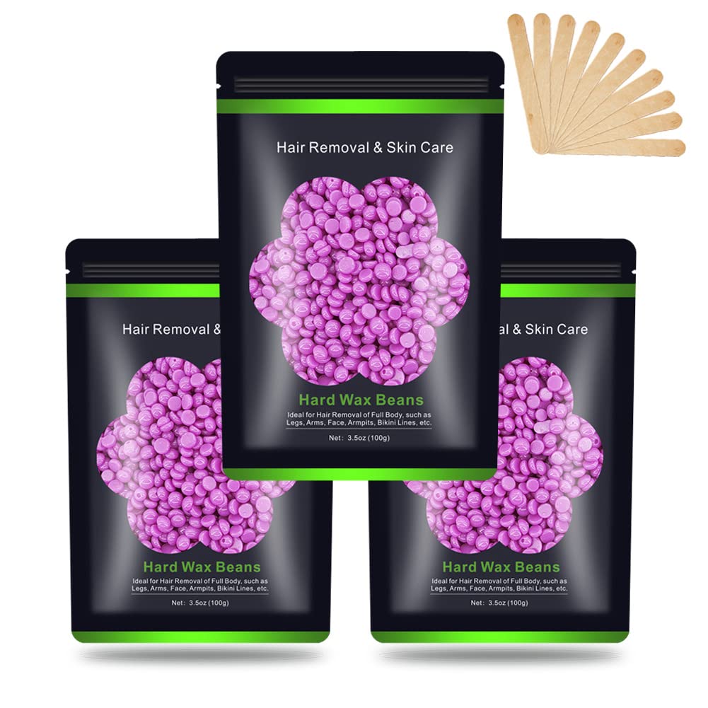 Wax Beads for Hair Removal 10.5 oz (300 g), Auperwel Hard Wax Beads for Sensitive Skin Brazilian, Face, Bikini, Eyebrow, Legs, Painless Waxing Beads for Women Men, 3 packs Wax Kit with 10 Wax Sticks