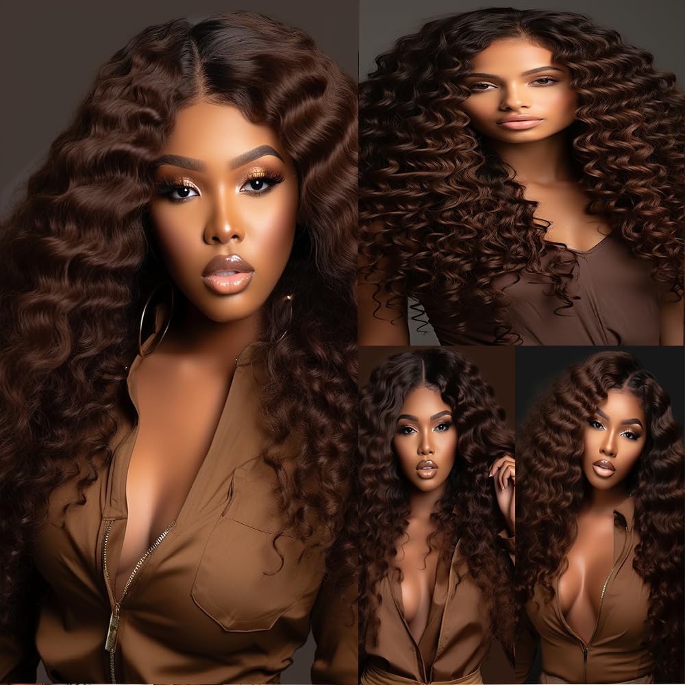 Loose Dark Brown Deep Wave Bundles Human Hair Color 4 Brown Deep Curly Bundles Human Hair Double Weft Brazilian Remy Hair Extensions Wet and Wavy Silky Soft 26 28 30 inch 3 Bundles