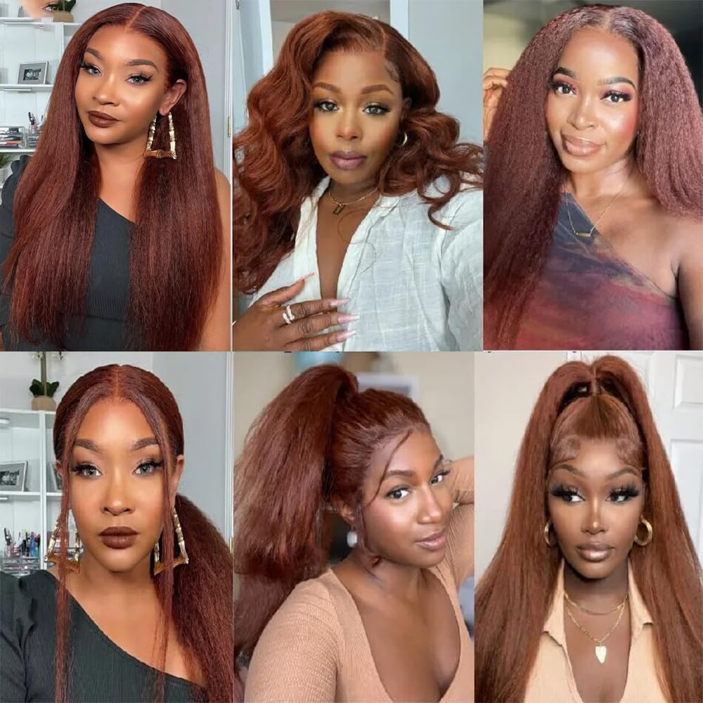 Color 33 Bundles Human Hair Reddish Brown Kinky Bundles Copper Red Yaki Straight Bundles Double Weft Brazilian Human Hair Auburn Yaki Straight Bundles Soft and Silky 24 24 24 Inch