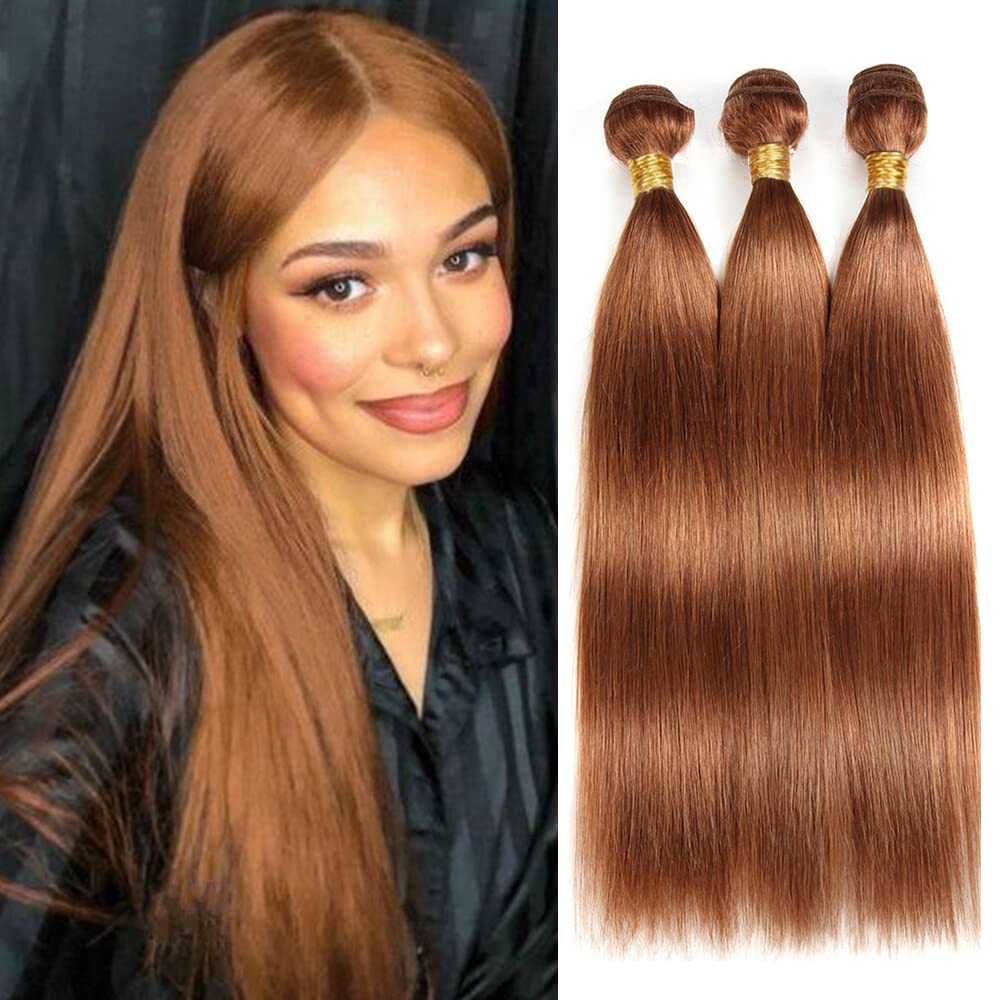 Light Brown Straight Bundles Color #30 Human Hair Straight Weave Bundles 8a Grade Double Weft Brazilian Remy Hair Extensions Soft and Silky for Black Women (20 20 20 Inch 3 Bundles)