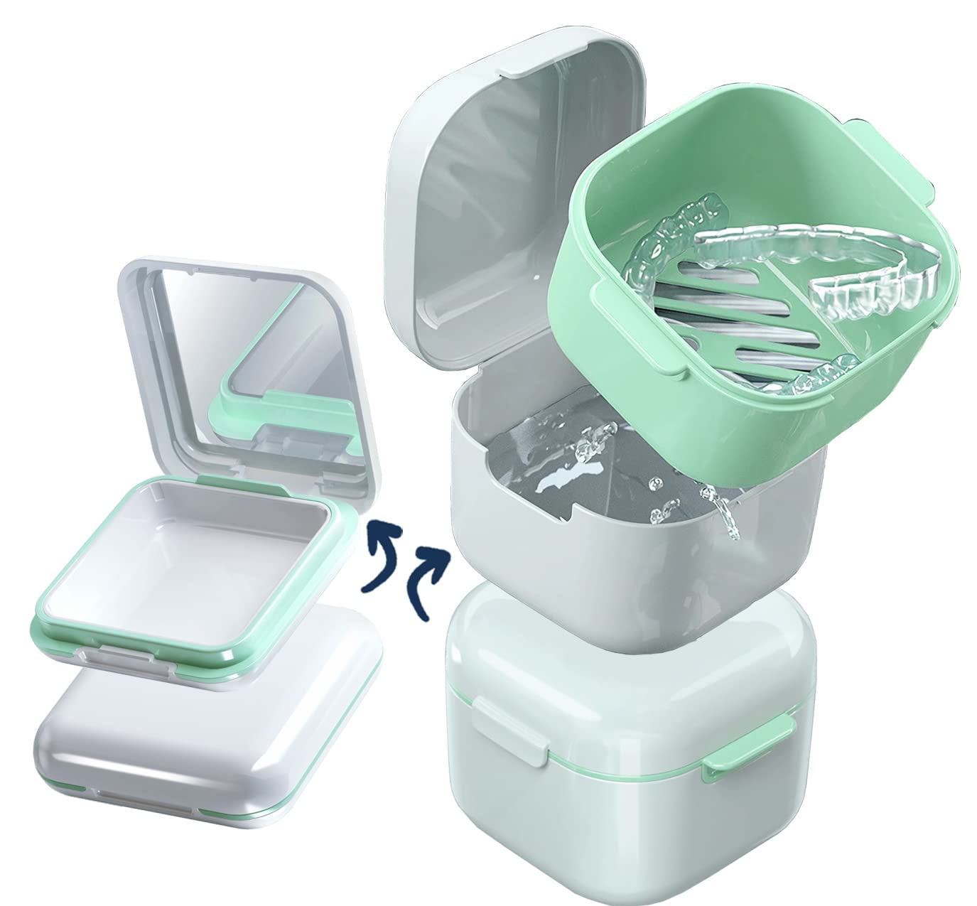 MURRI&MURRDI Retainer Case 2 Pack, Denture Case with Mirror, Denture Bath Box with Strainer Basket, Cute Denture Holder Retainer Storage Soak Container for Travel, Braces Cleaner Kit (C White)