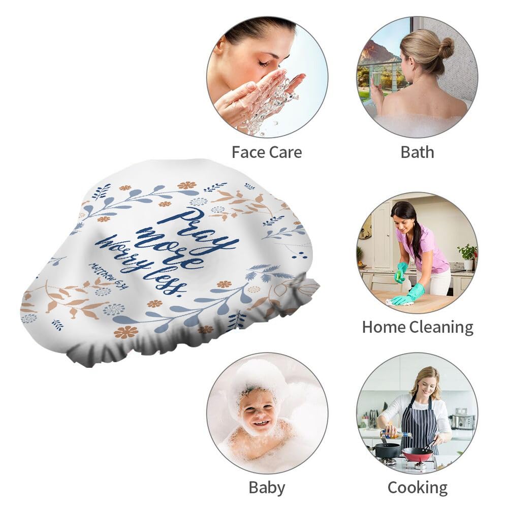 Ceutoiy Shower Cap Bible Quote Double Waterproof Layers Bathing Hat Pray More Worry Less In Floral Wreath for Women Hotel Travel Cooking Working