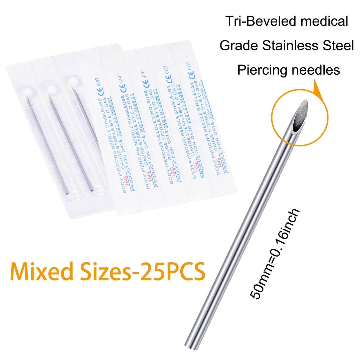 JIESIBAO 25PCS Mixed Piercing Needles, 12G 14G 16G 18G 20G Disposable Sterile Stainless Steel Hollow Piercing Needles for Ear Nose Septum Belly Tongue Eyebrow Nipple Lip Piercing