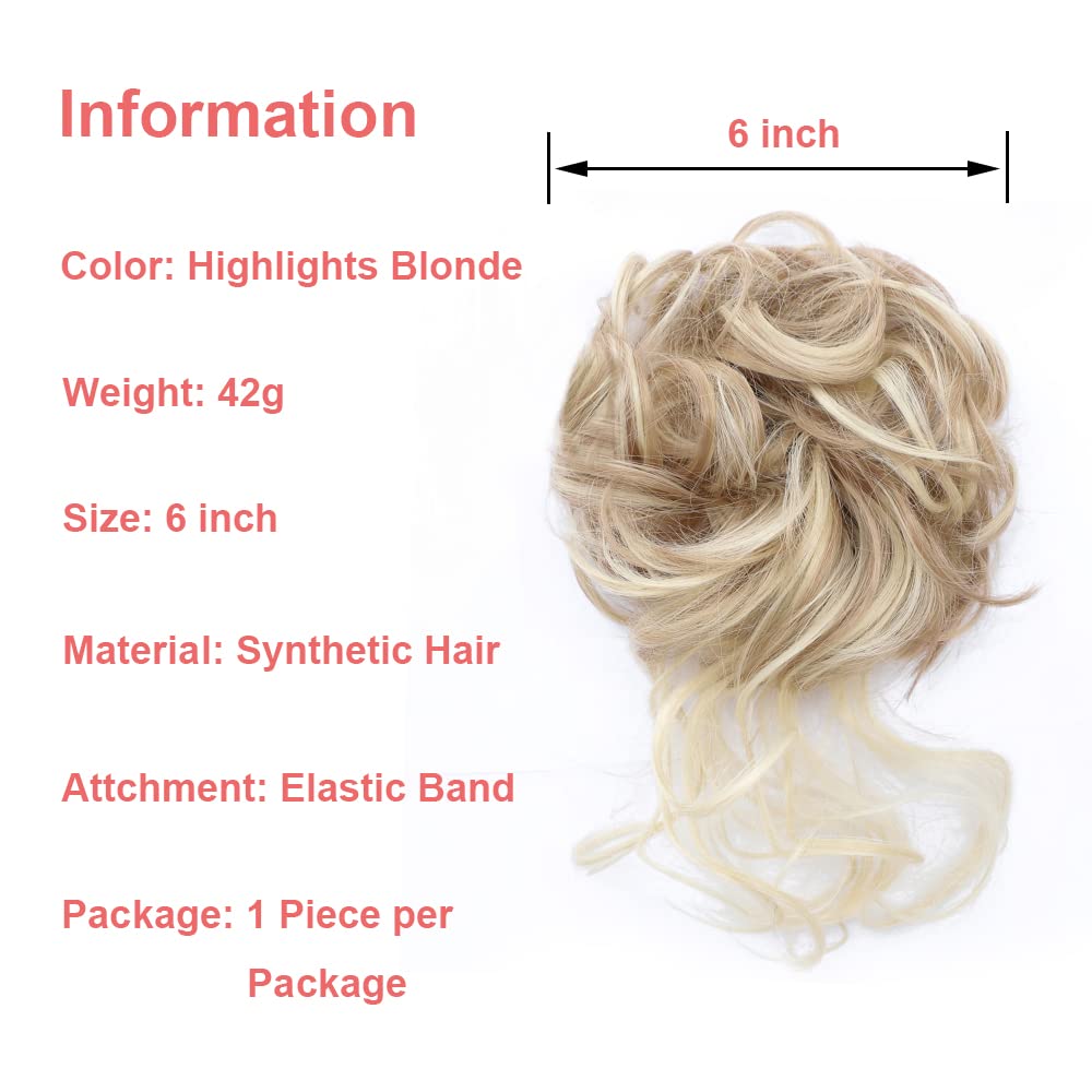 KETHBE Messy Bun Hair Piece Tousled Updo Hair Buns Extension Elastic Hair Band Hair Pieces Curly Hair Bun Scrunchie For Women (Highlights Blonde)