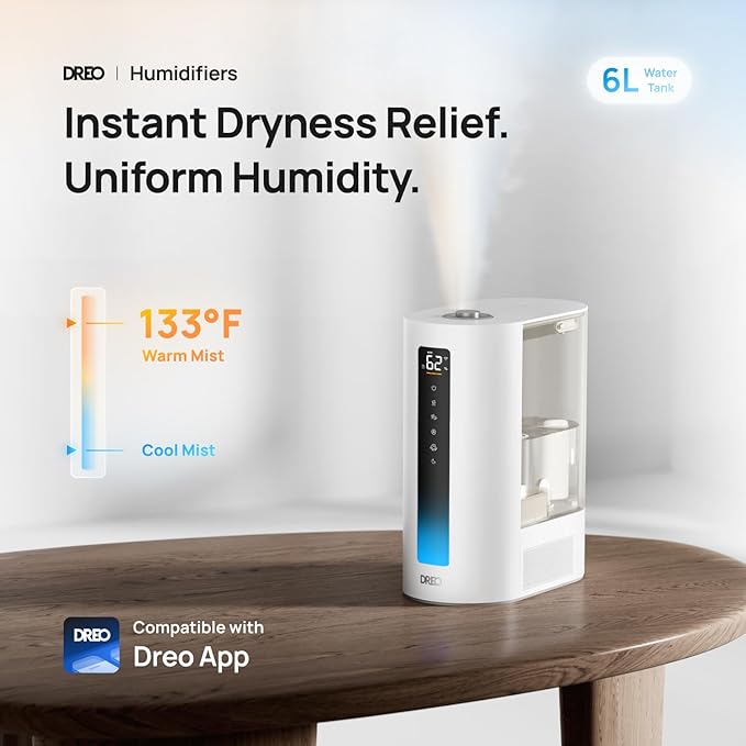 Dreo 6L Humidifiers for Bedroom, Smart Warm & Cool Mist for Large Room, 60Hr Quiet Runtime for Baby, Plant, Humidity Sensor, Indicator Light, 12H Timer, Google/Alexa, White
