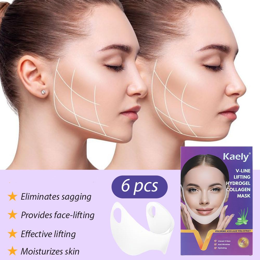 evpct 6Pcs V Line Lifting Hydrogel Collagen Mask Strap with Aloe Vera and Seaweed, Hydrating and Anti-aging