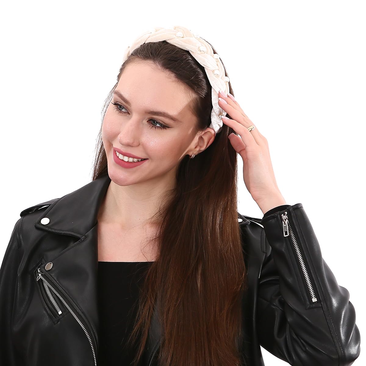 LONEEDY Cute Braided Velvet Wide Headband,Fashion Padded Twist Pearl Thick Headband for Women and Girls (Pearl-Cream)