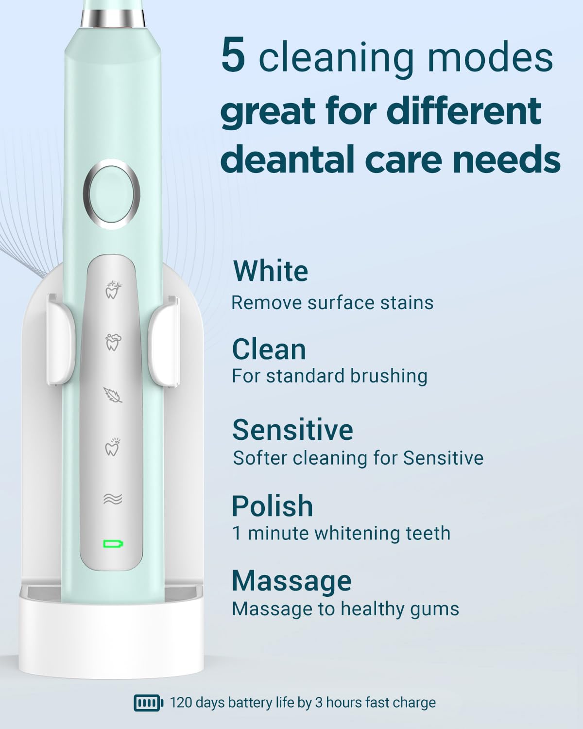 Rtauys M5 Sonic Electric Toothbrush for Adults and Kids - Rechargeable Electric Toothbrush Kids Ages 12+ and Adults with 8 Brush Heads & Travel Case, 120 Days Battery Life - Light Green