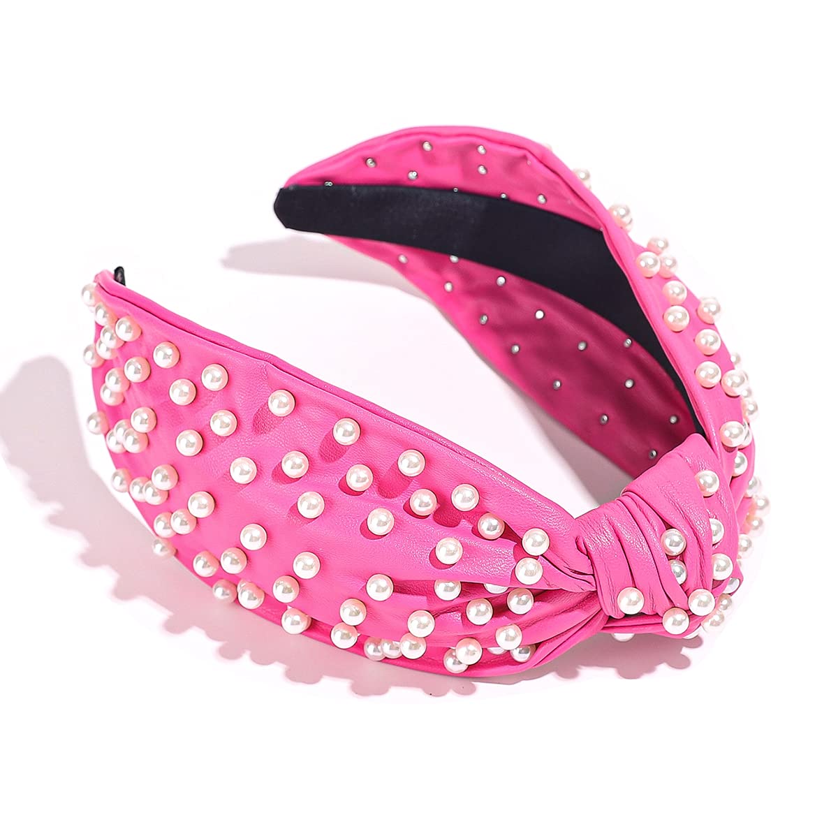 FEDANS Pearly Knotted Women Pink Headband Luxury Jeweled Leather Beaded Embellished Top Hairband Fashion Elegant Ladies Hair Band