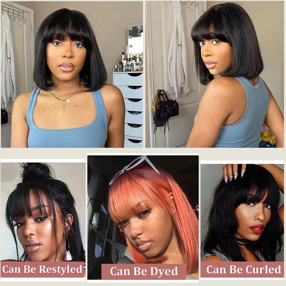 HAIRHOBBY Wigs With Bangs Human Hair, 12 IN Realistic Look Natural Straight 2x1 HD Lace Glueless Bangs Wigs For Woman, Wear And Go Brazilian Virgin 180% Density Short Blunt Cut Wigs