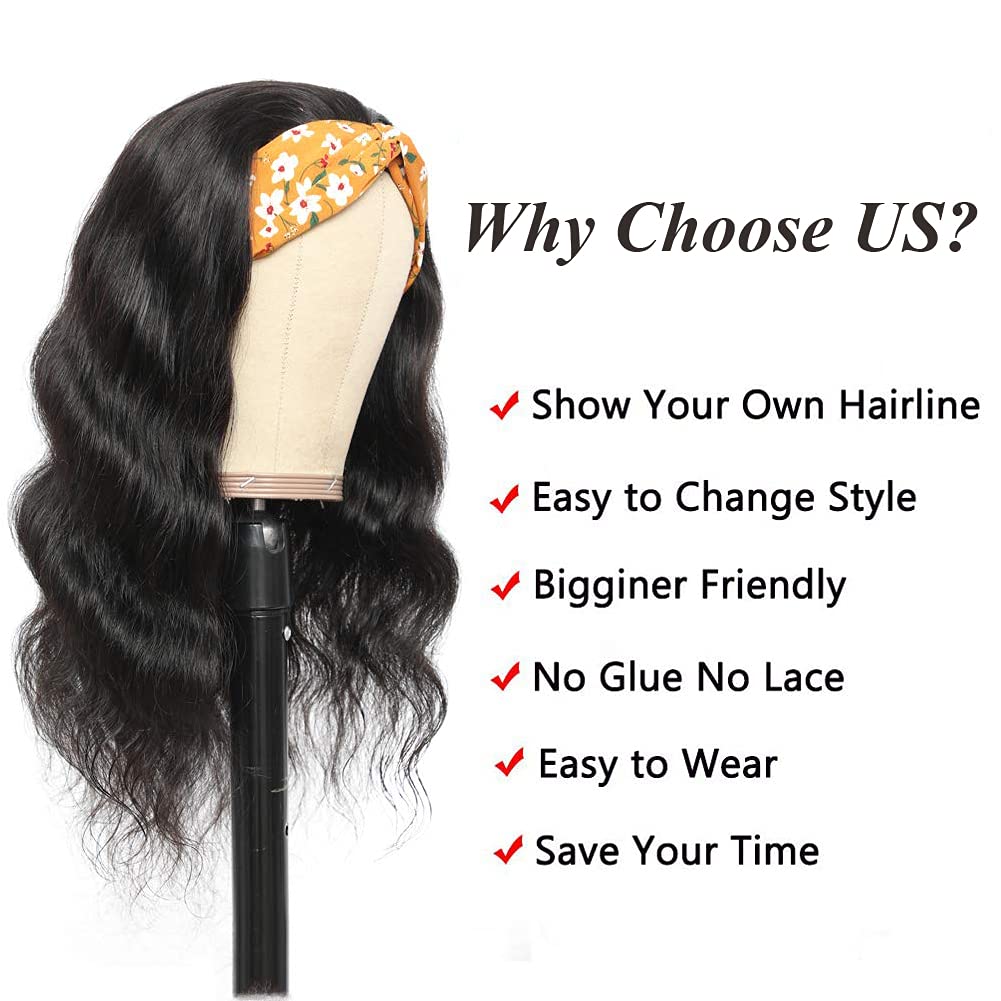 Amella Hair Body Wave 18" Human Hair Headband Wig for Black Women Glueless None Lace Front Wigs 8A Brizilian Virgin Hair Machine Made Headband Wigs Human Hair 150% Density