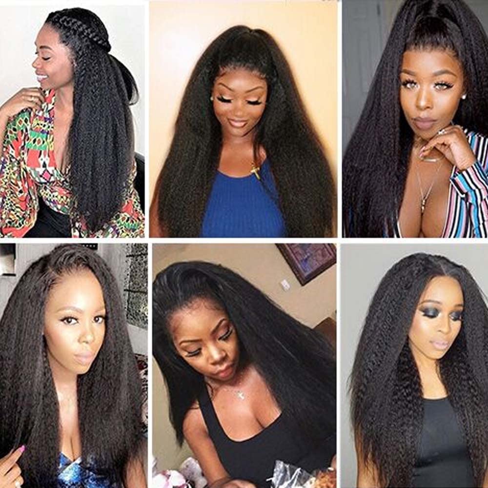 Color 1B Bundles Human Hair Kinky Straight Bundles Human Hair 1B Yaki Straight Bundles Double Weft Brazilian Remy Hair Weave Extensions Soft and Silky for Black Women (22 24 26 inch 3 Bundles)