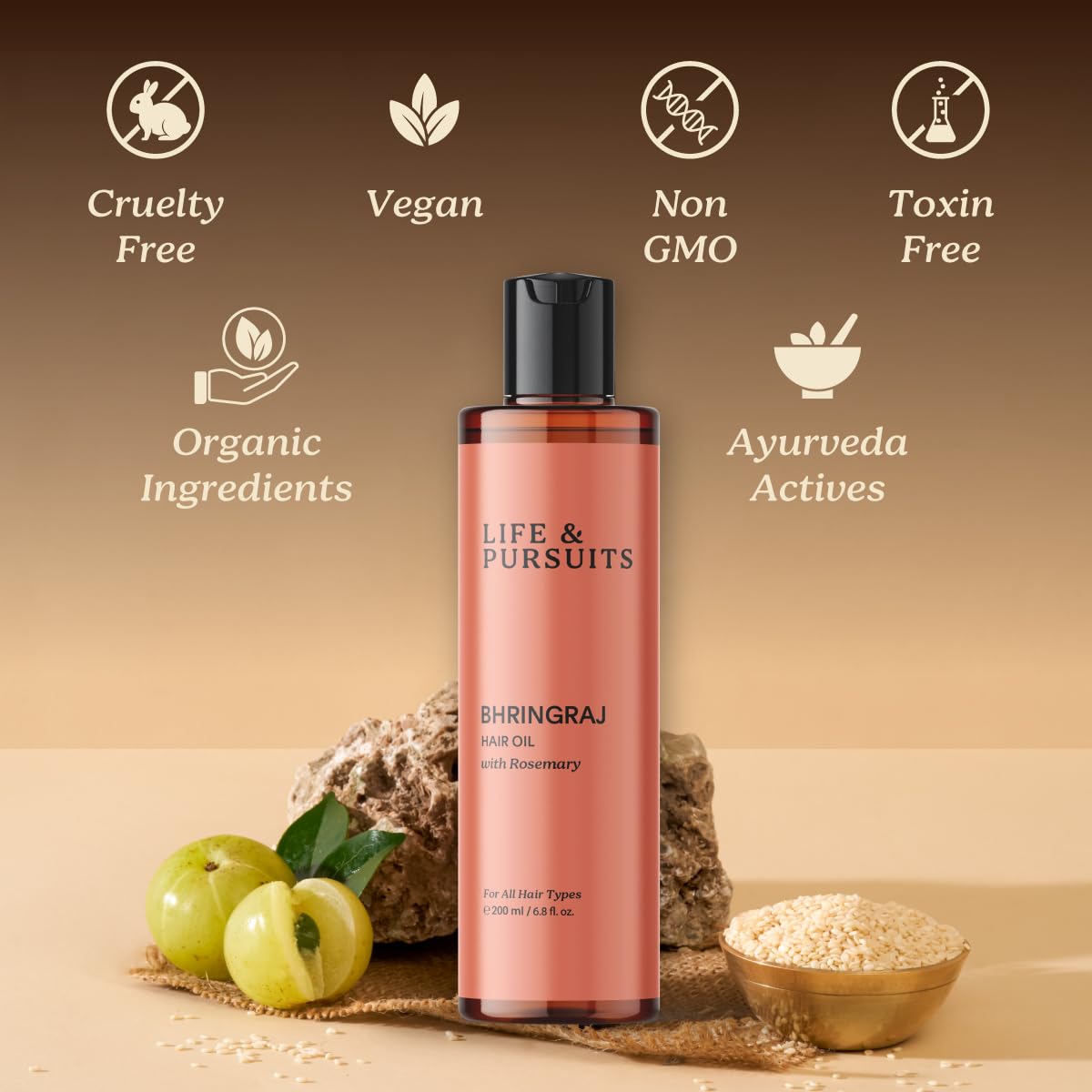 Life & Pursuits Bhringraj Hair Growth Oil 6.8 Fl Oz, Natural Ayurveda Scalp Therapy For Men & Women| Rosemary, Amla, Hibiscus, Tea Tree & Coconut| Reduces Itchiness & Dryness| Nourishes Damaged Hair