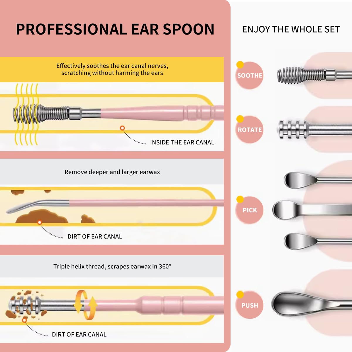 Generic 7 Pieces Ear Wax Removal Kit Ear Wax Remover Pickers, Stainless-Steel Earpick, Ear Pick Spoon, Ear Care Cleaning Tools (Yellow)