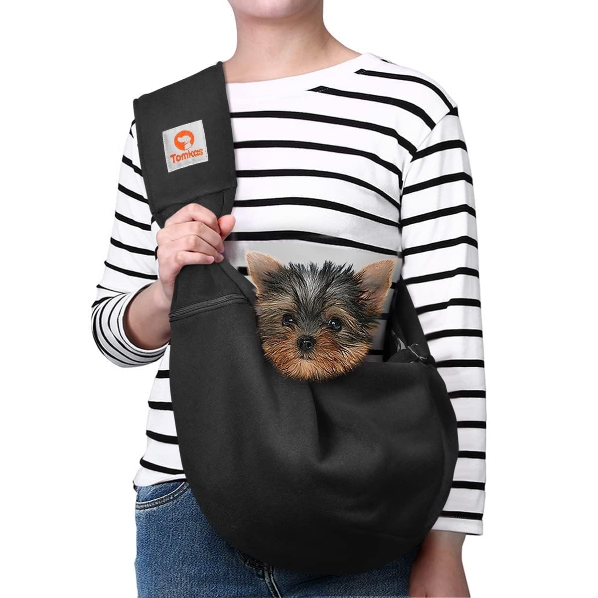 Tomkas Small Dog Sling Carrier - Adjustable Strap & Zip Pocket - Suitable for Puppies (Black)