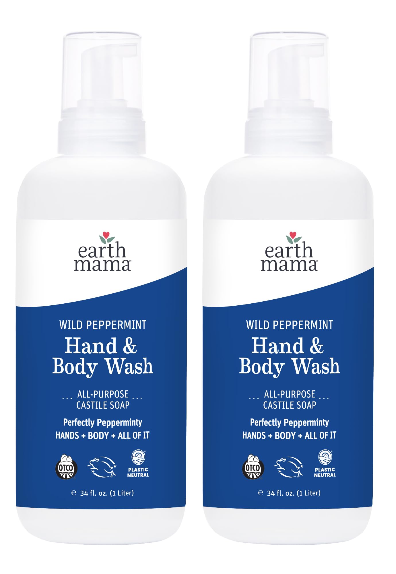 Earth Mama Wild Peppermint Hand & Body Wash | Foaming Castile Soap Liquid and Hand Soap, Made with Organic Wild Mint & Peppermint Oil, 34 fl oz (2-Pack)