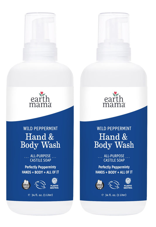 Earth Mama Wild Peppermint Hand & Body Wash | Foaming Castile Soap Liquid and Hand Soap, Made with Organic Wild Mint & Peppermint Oil, 34 fl oz (2-Pack)
