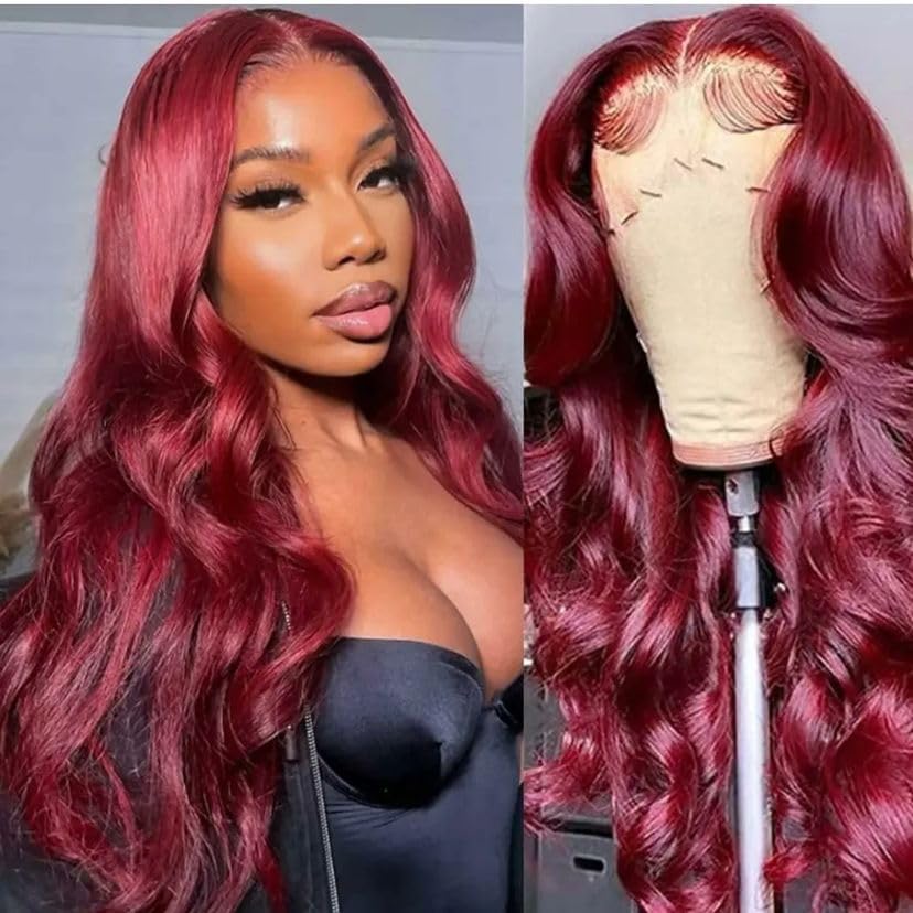 INVITEYOU 99J Burgundy Lace Front Wigs Human Hair 180% Density Wine Red Wig Human Hair Pre Plucked with Baby Hair 13x4 Body Wave HD Transparent Lace Front Wigs for Black Women(18inch)