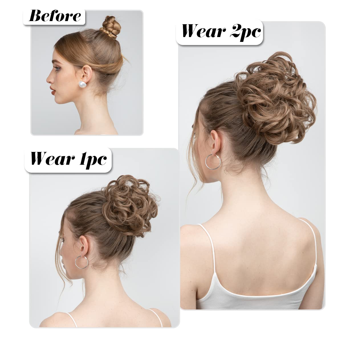 SARLA 2PCS Messy Hair Bun Hair Pieces Wavy Curly Synthetic Updo Fake Scrunchies Ponytail Extension for Women Reddish Brown