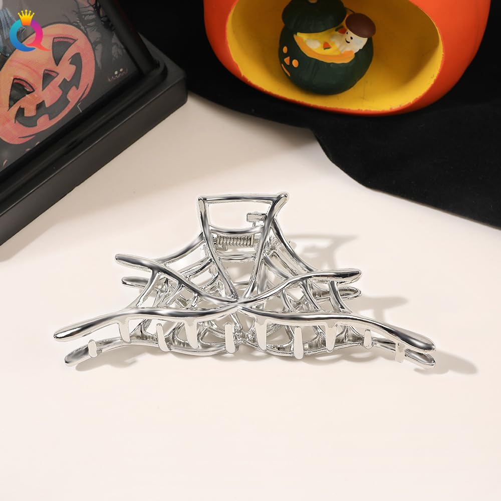 Metal Silver Hair Claw Clips - Spider Web Design for Thick or Thin Hair, Strong Hold for Cosplay Party Accessories (1Pc)
