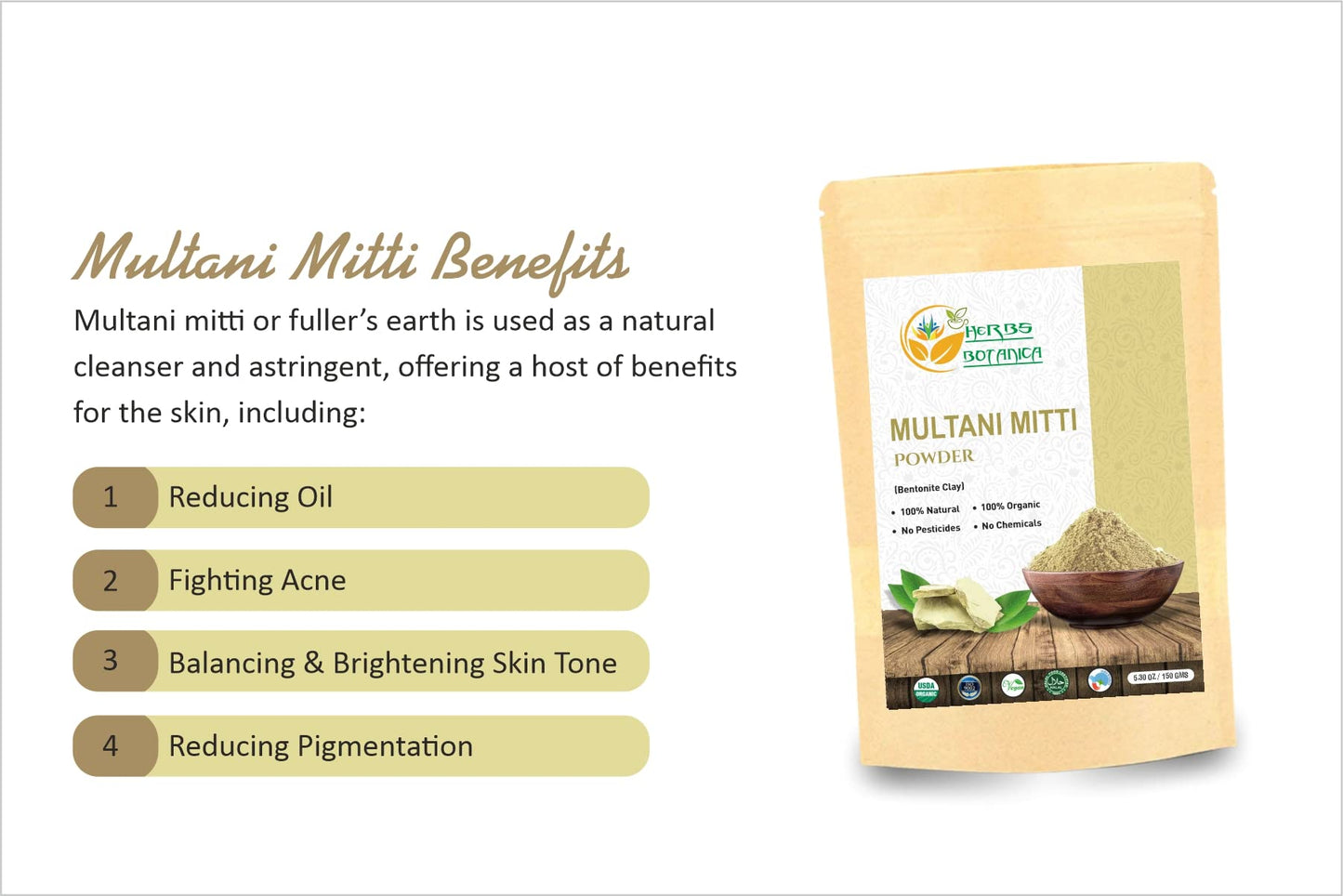 Multani Mitti Earth Clay Bentonite Clay 100% Organic Clay Mask Face Mask Skin Care Indian Healing Kaolin Clay Indian Deep Pure Grade Cleansing Sodium Facial Calcium Natural Green Secret 5.3 Oz