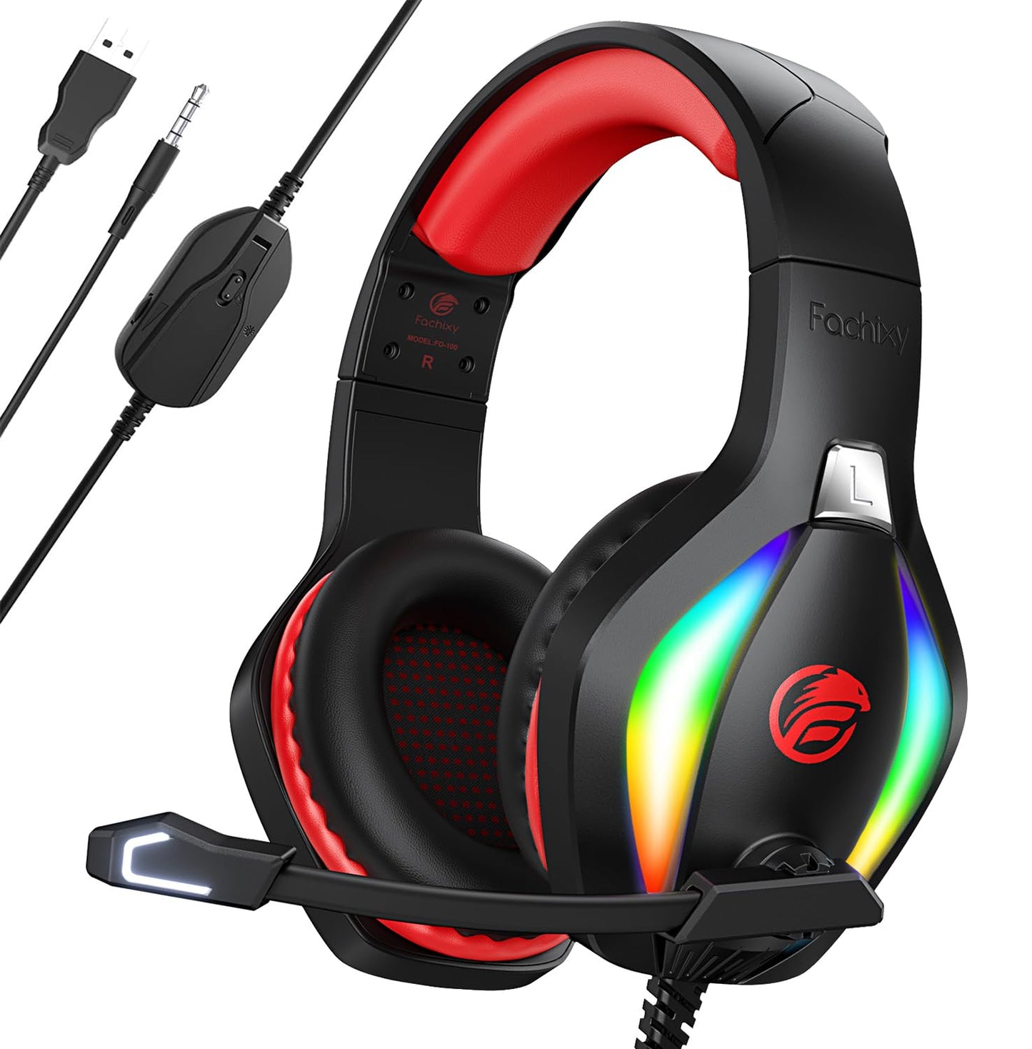 FC100 Gaming Headset with Microphone for PS4, PS5, Switch, Xbox, PC, Mac, Gamer Headset with RGB Light, Computer Headphones with Mic