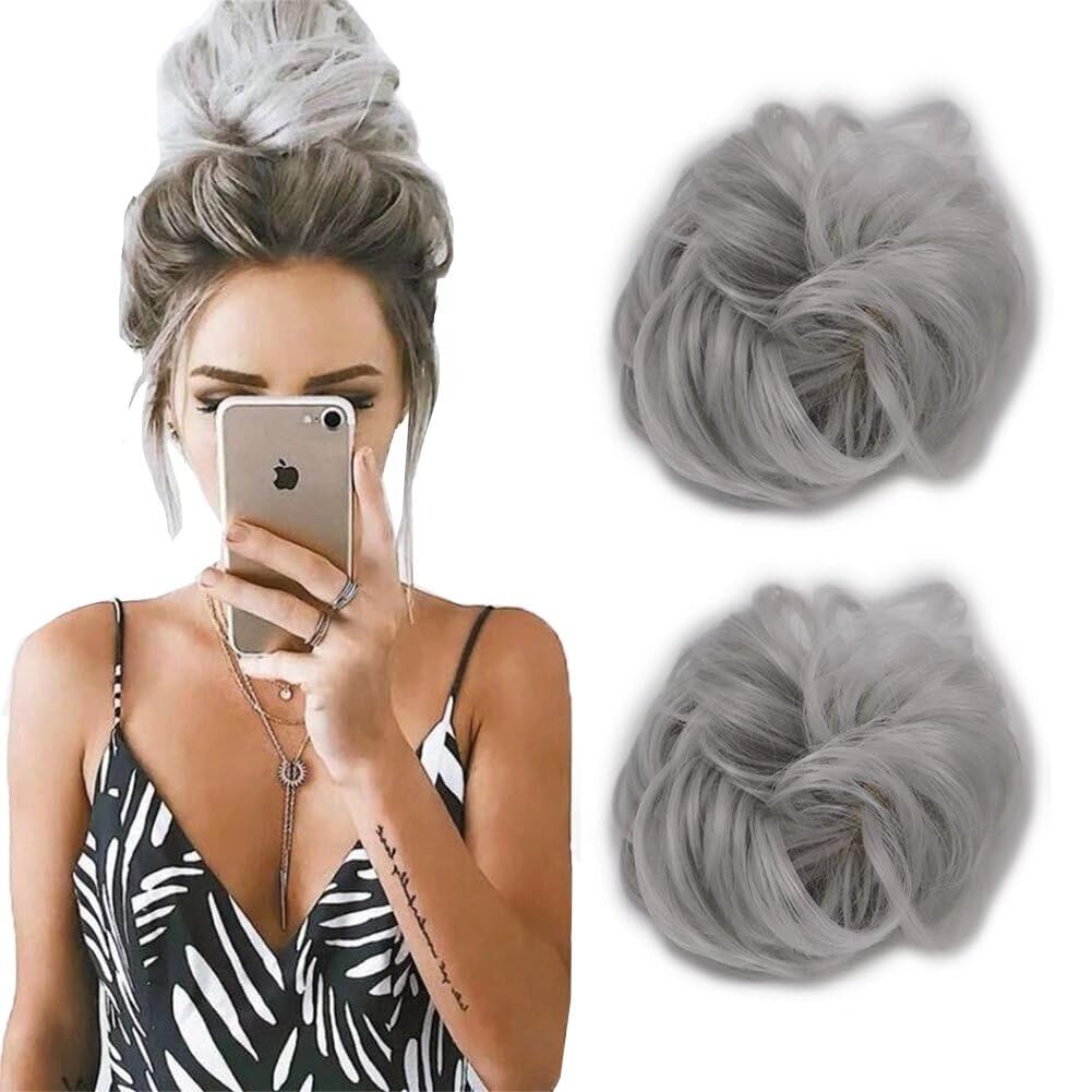iLUU 2 Pieces Women's Curly Messy Buns Hair Scrunchie Wigs Hair Extensions Silver Color Wavy Synthetic Updo Curly Hair Bun Extension Party Haipieces Hair Buns for Women Girl (Silver)