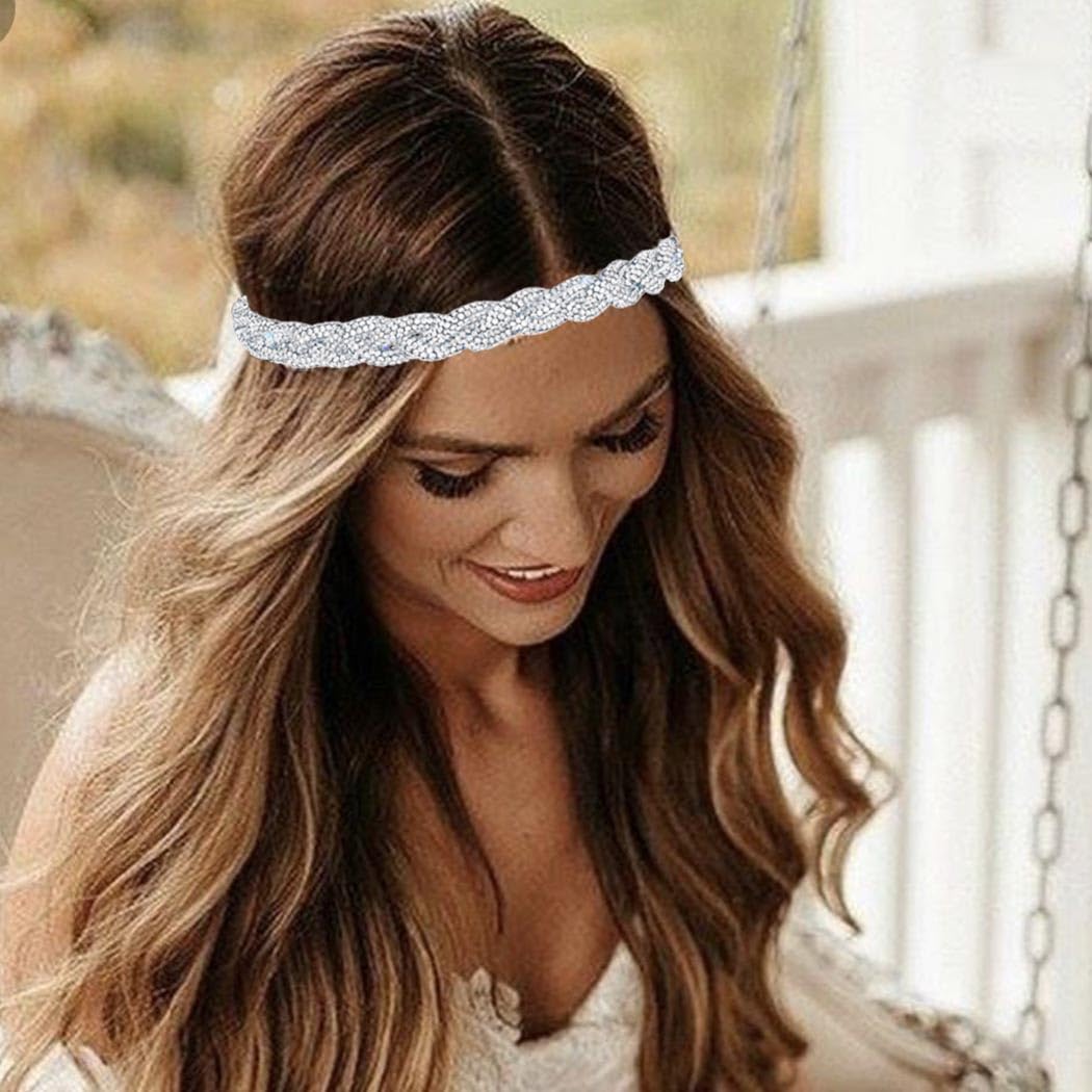EARENT Light Up Rhinestone Headband Silver Led Crystal Headpiece Glowing Head Chain Sparkly Bridal Rave Costume Hair Accessories for Women(B-Silver)